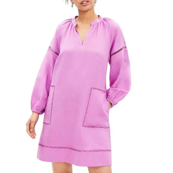 Ann Taylor LOFT Petite Cutout linen blend pocket dress lilac pink magenta L boho - Picture 1 of 12